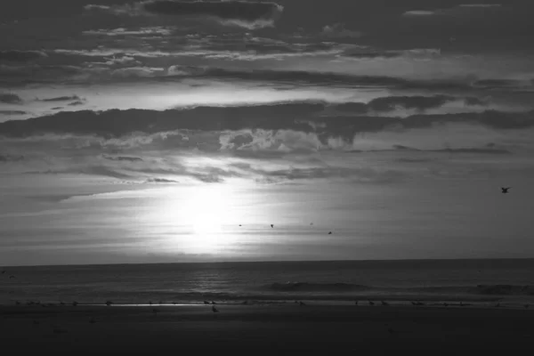 Svart och vitt, eller monokrom, dramatisk solnedgång på stranden med vacker färgglad himmel, Cap Blanc Nez, opal kust i Frankrike, Europa — Stockfoto