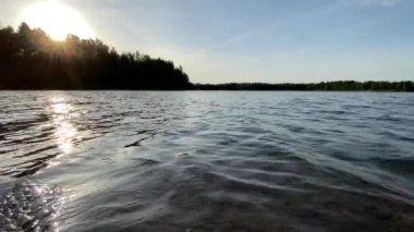 Blakheide, Beerse, Belçika 'nın Slomo ya da slow motion' u, bir orman gölü üzerinde gün batımı, barış macerası için bir dönüm noktası tatil tatili panorama manzarası yüzen alacakaranlık gölü su doğası