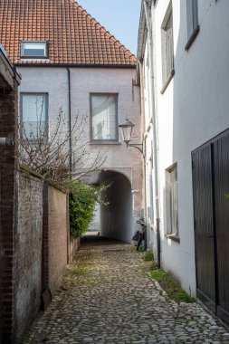 MECHELEN, Malin, Antwerp, BELGIUM, 28 Mart 2022, Mekke, Flanders, Belçika 'nın Klein Begijnhof' undaki boş sokak. Yüksek kalite fotoğraf.