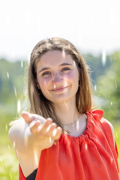 Portrait Happy Young Woman Reaching Out Feel Rain While Walking — Photo