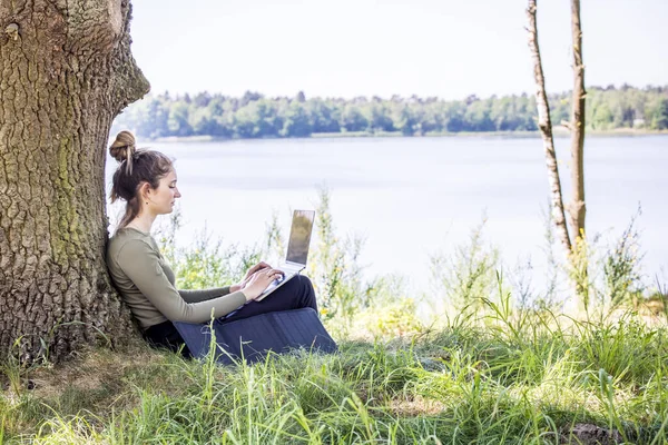 Work from anywhere. Remote freelancer work in nature using renewable energy via a foldable solar panel. Young woman, female freelancer working with laptop with Beautiful view of forest and lake