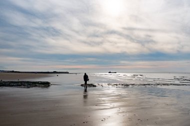 Kumlu bir sahilde, bulutlarla ve altın güneşle boyanmış bir gökyüzünün altında inanılmaz renkli bir gün batımı. Resimli doğa manzarası. Bulutlar suya yansıyor. Zen benzeri sakin atmosfer. Hiç insan yok.