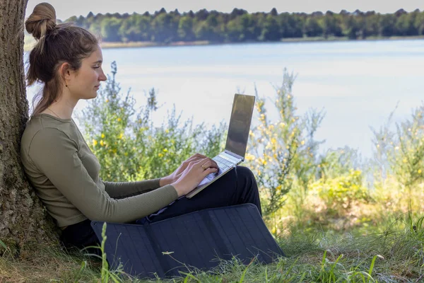 Herhangi bir yerden çalış. Uzaktan kumandalı serbest çalışan, katlanabilir güneş paneli aracılığıyla yenilenebilir enerji kullanıyor. Genç bir kadın, dizüstü bilgisayarla çalışan serbest çalışan güzel bir orman ve göl manzaralı bir kadın.