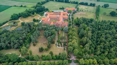 July 13th 2022, Brecht, Antwerp, Belgium: Aerial view of the monastery of nuns, or nunnery or abbey of Onze-Lieve-Vrouw van Nazareth, in Brecht. High quality photo