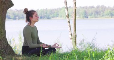 Doğada yoga yapan genç bir kadının yakın çekimleri. Bir ağaç ve bir orman gölünün yanındaki yeşil çimlere otur. Egzersiz yapmak ve sağlığınızı korumak için iletişim kurun. Yüksek kalite 4k görüntü