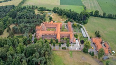 July 13th 2022, Brecht, Antwerp, Belgium: Aerial view of the monastery of nuns, or nunnery or abbey of Onze-Lieve-Vrouw van Nazareth, in Brecht. High quality photo