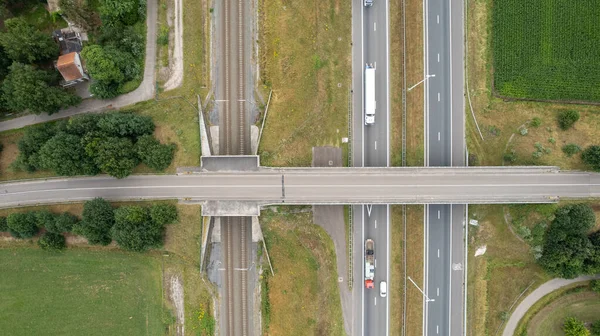 Aerial View Highway Road Junction Highways Railroads Bridge Green Fields — Zdjęcie stockowe