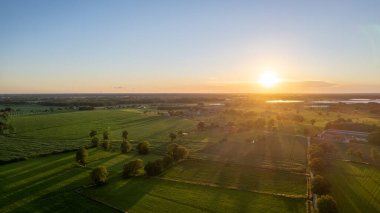 Avrupa, Belçika 'da vahşi ormanlarla çevrili güzel yeşil ve sarı tarımsal tarımın insansız hava aracı çekimi altın güneş ışınları ile yeşilin üzerinde sihirli bir battaniye oluşturur.
