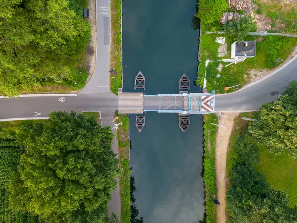 Top view aerial with drone of a Draw Bridge over the canal Dessel-Schoten in Rijkevorsel, Antwerp, Belgium. High quality photo