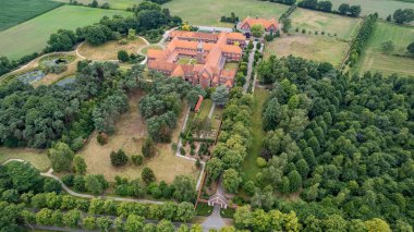 July 13th 2022, Brecht, Antwerp, Belgium: Aerial view of the monastery of nuns, or nunnery or abbey of Onze-Lieve-Vrouw van Nazareth, in Brecht. High quality photo