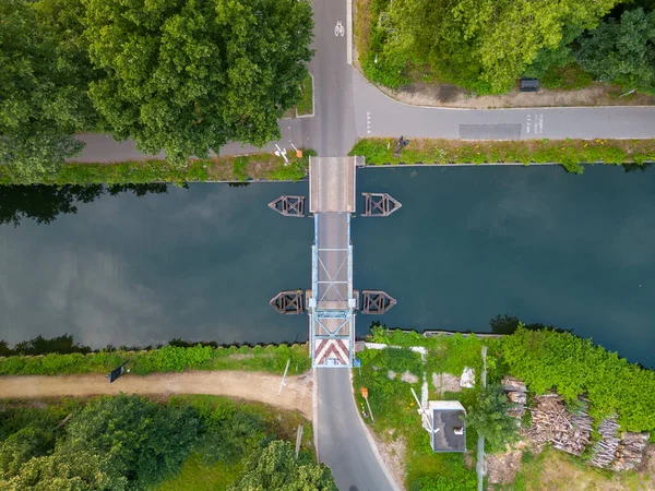 Top view aerial with drone of a Draw Bridge over the canal Dessel-Schoten in Rijkevorsel, Antwerp, Belgium. High quality photo