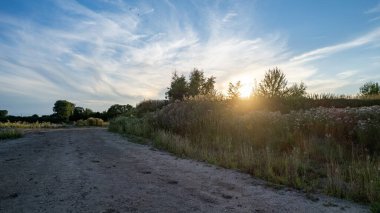 Rengarenk bir günbatımı gökyüzü altında bir kır yolunun alçak açısı. Şehir Yolu ile kırsal arazinin üzerinde güzel bir akşam gökyüzü. Genç Yeşil Buğday Tarlası Çayırı ve Kırsal Yol. Tarım
