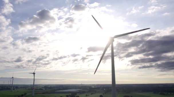 Aerial View Powerful Wind Turbine Farm Energy Production Beautiful Cloudy — Video Stock
