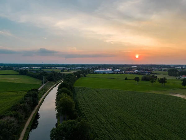Colorful Dramatic Sunset Canal Dessel Schoten Aerial Photo Shot Drone — Stockfoto
