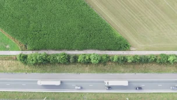 Luchtfoto Drone Beelden Halve Vrachtwagens Lange Afstanden Rijden Drukke Snelweg — Stockvideo