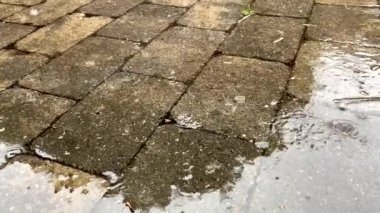 Sonbahar yağmuru damlaları taşların üzerindeki büyük su birikintisine dökülüyor, sokakları sel basıyor. Yağmur mevsiminde sağanak yağmur nedeniyle yollar taşar. Su altındaki yola yağmur damlaları düşüyor. Yüksek