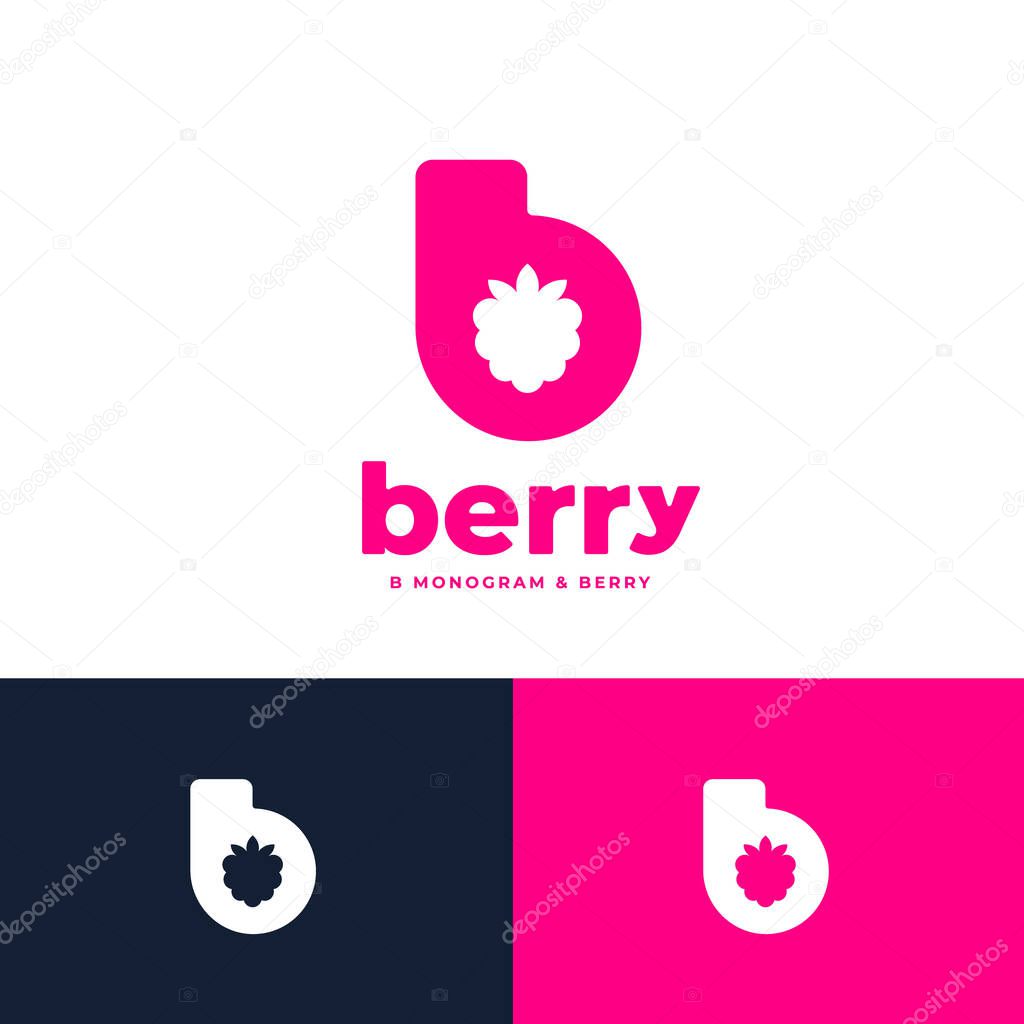 Letter B. B monogram with silhouette of berry, raspberry. Emblem for sweets cafe, label, packaging for organic products, health nutrition, agriculture and fresh market.
