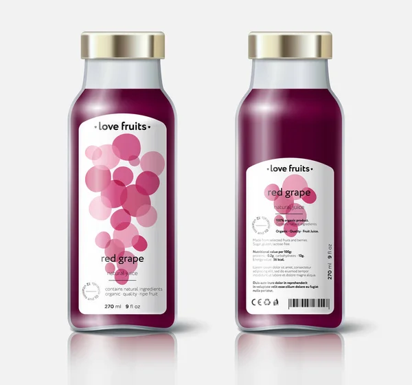 赤ブドウジュース包装 美しい透明度全体と果物をカット フェイスラベルとバックラベル付きボトルテンプレート — ストックベクタ