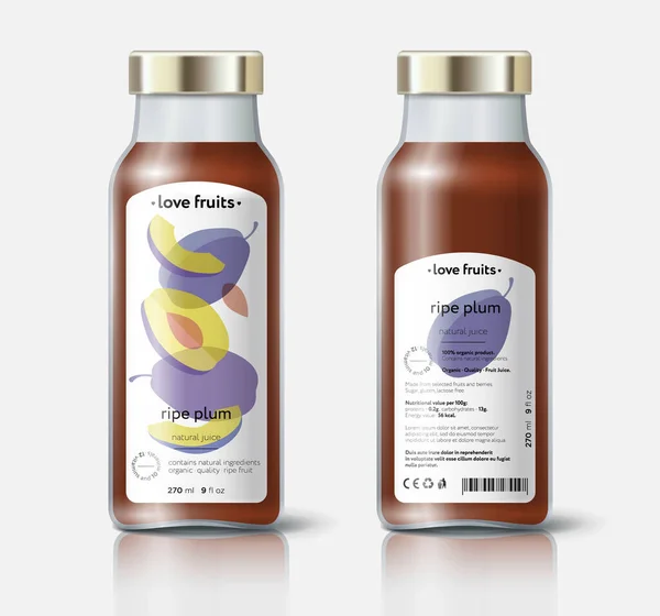 梅ジュース包装 美しい透明度全体と果物をカット フェイスラベルとバックラベル付きボトルテンプレート — ストックベクタ