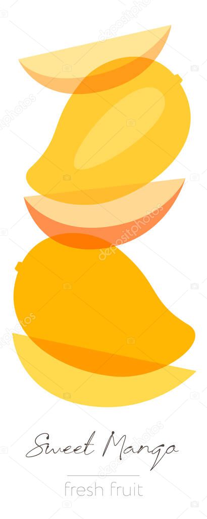 Mango Fruits. Flat illustration. Beautiful transparent whole and cut fruits.