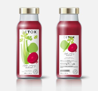 Bitki, sebze ve meyve arınması. Pancar, kereviz ve elma karışımı. Etiket, doğal detoks için ambalaj, organik içecek, sağlıklı beslenme, korunmuş gıda. Şablon.