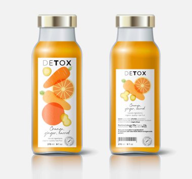 Meyve, sebze ve zencefilli detoks. Portakal, havuç ve zencefil karışımı. Etiket, doğal detoks için ambalaj, organik içecek, sağlıklı beslenme, korunmuş gıda. Şablon.