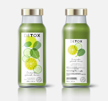 Bitki ve meyve arınması. Salatalık, limon ve ıspanak karışımı. Etiket, doğal detoks için ambalaj, organik içecek, sağlıklı beslenme, korunmuş gıda. Şablon.