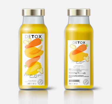 Meyve, sebze ve zencefilli detoks. Mango, havuç ve zencefil karışımı. Etiket, doğal detoks için ambalaj, organik içecek, sağlıklı beslenme, korunmuş gıda. Şablon.