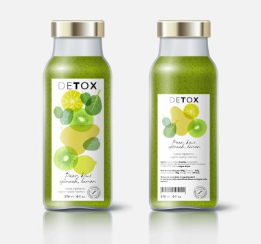 Bitki, meyve ve böğürtlen detoksu. Armut, kivi, limon ve ıspanak karışımı. Etiket, doğal detoks için ambalaj, organik içecek, sağlıklı beslenme, korunmuş gıda. Şablon.