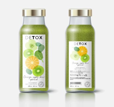 Bitki ve meyve arınması. Elma, kivi, portakal ve ıspanak karışımı. Etiket, doğal detoks için ambalaj, organik içecek, sağlıklı beslenme, korunmuş gıda. Şablon.