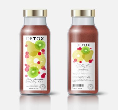 Sebze karışımı. Armut, kızılcık, kivi ve ananas arınması. Etiket, doğal detoks için ambalaj, organik içecek, sağlıklı beslenme, korunmuş gıda. Şablon.