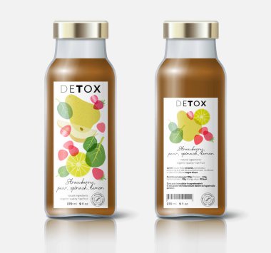 Sebze ve meyve karışımı. Armut, kızılcık, kivi ve ananas arınması. Etiket, doğal detoks için ambalaj, organik içecek, sağlıklı beslenme, korunmuş gıda. Şablon.