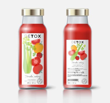 Sebze arınması. Domates ve kereviz karışımı. Etiket, doğal detoks için ambalaj, organik içecek, sağlıklı beslenme, korunmuş gıda. Şablon.