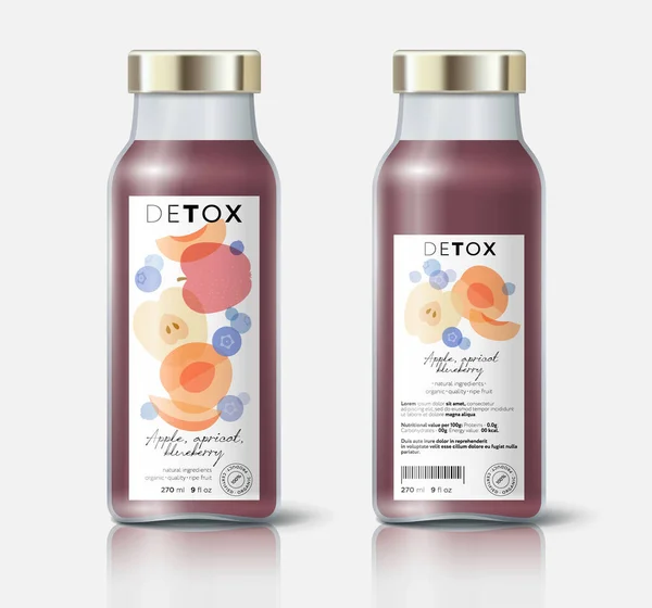フルーツとベリーのデトックス アップル ブルーベリー アプリコットミックス ラベル 自然デトックス 有機飲料 健康栄養 保存食のためのパッケージ ボトルテンプレート — ストックベクタ