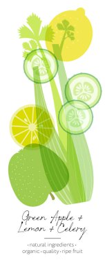 Meyve, bitki ve sebzelerden arınma. Elma, salatalık, limon ve kereviz karışımı. Güzel şeffaflık ve meyve kesimi..