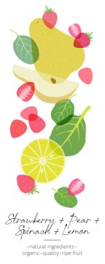 Meyve, böğürtlen ve bitkisel detoks. Çilek, limon, armut ve ıspanak karışımı. Güzel şeffaflık ve meyve kesimi..