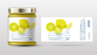 Limon şurubu. Güzel ürün. Şeffaf dilimler, yarım dilimler ve meyve dilimleri. Basit tasarım etiketleme ve paketleme.