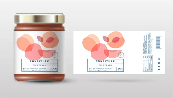 桃のコンフィチュール 甘いジャム 透明なスライス 半分とカットフルーツ ラベルとパッケージ シンプルなデザイン — ストックベクタ