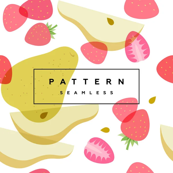 Pear and strawberry seamless pattern. Fruits and berries background. Transparent berries, fruits and frame with text is on separate layer.