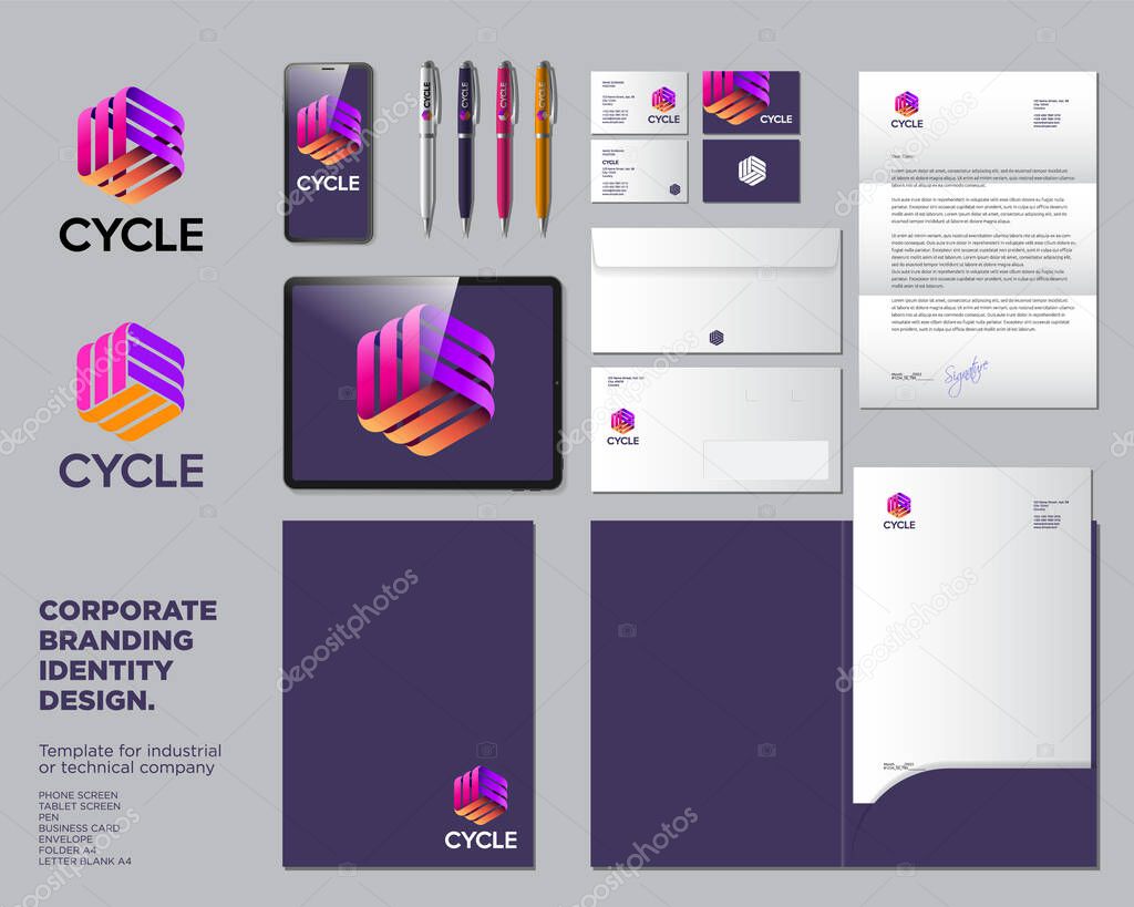 Cycle logo. Three ribbons, intertwined elements, infinity, looping, rotation. Identity, corporate style. Emblem and corporate style for business, bank, finanse and industry company.