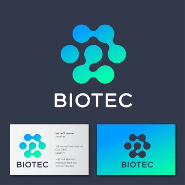 Biyoteknoloji amblemi. Soyut yuvarlak şekiller, moleküller ya da altıgen şeklinde. Kartvizit. Amblem bilim, tıp, iş, internet mağazası için kullanılabilir.