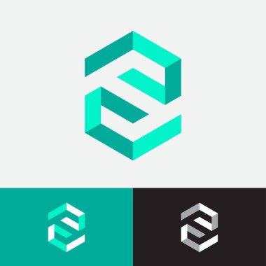 S harfi yeşil kurdele ya da eğri şeritlerden oluşur. Isometric projeksiyon gibi semboller, imkansız figürler. 3B taklit.