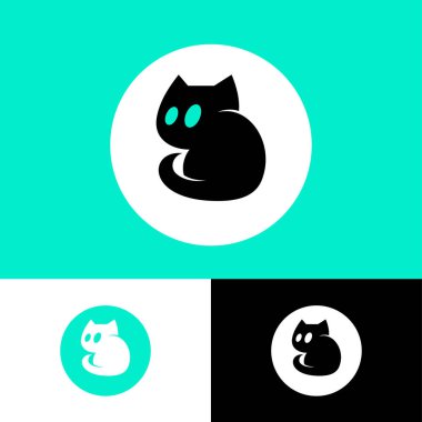 Kedi ikonu. Veterinerlik ve evcil hayvanlar için eşyalar. Kedi silueti daire içine alındı. Veteriner için ikon ve evcil hayvanlar için eşyalar. Kedi kulübü, kedi bakımı ve kedi yetiştiriciliği amblemi. 