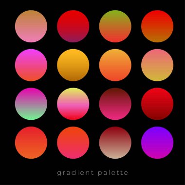 Gradyan palet. Kırmızı sıcak spektrum. Kırmızı, turuncu, pembe, mor, sarı, yeşil ve turkuaz renkler. Sıvı eğimleri, renk küreleri.