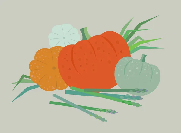 Плоский Дизайн Иллюстрации Цветные Тыквы Спаржа Зеленый Лук Снимок Урожая — стоковый вектор