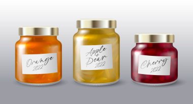 Set of mock up of glass jars with a golden lids and stickers. Packaging for marmalade, confiture, jam, sweet canned food template. Mockup of a glass jar with a label.