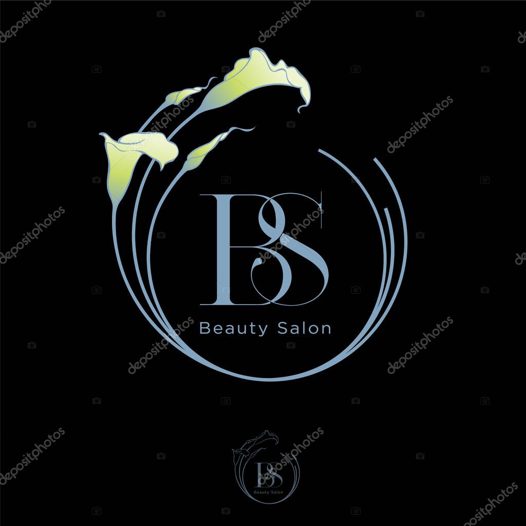 Letter B and Letter S in rounded frame with lilies. Icon consists of intertwined elements. Beauty Salon, Beauty Stylist monogram.
