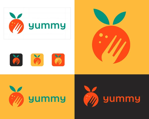 Leckeres Logo Emblem Für Lebensmittel Orangenfrucht Mit Gabel Und Blättern — Stockvektor