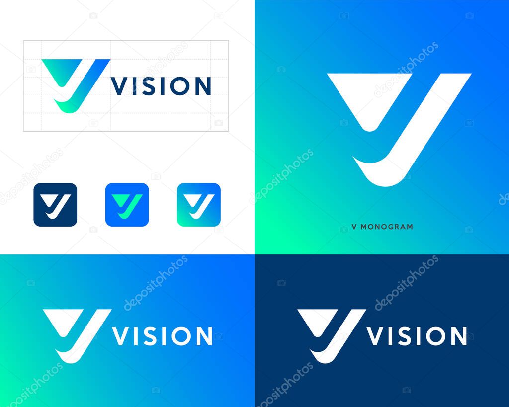 V monogram. Gradient letter V. Identity, corporate style, app button set. Logo for business, internet, web design, app, online shop, label or packaging.