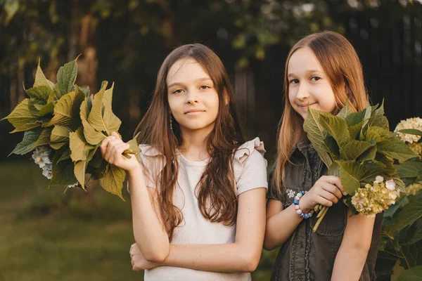 Портрет Двух Маленьких Девочек Прогуливающихся Парку Собирающих Цветочки Тонкий Букет — стоковое фото